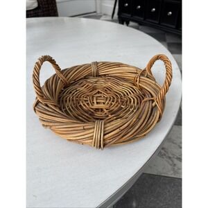 Vtg Mid-Century Japanese Rattan Ikebana Flower Basket 2 Handle Round Tray MCM